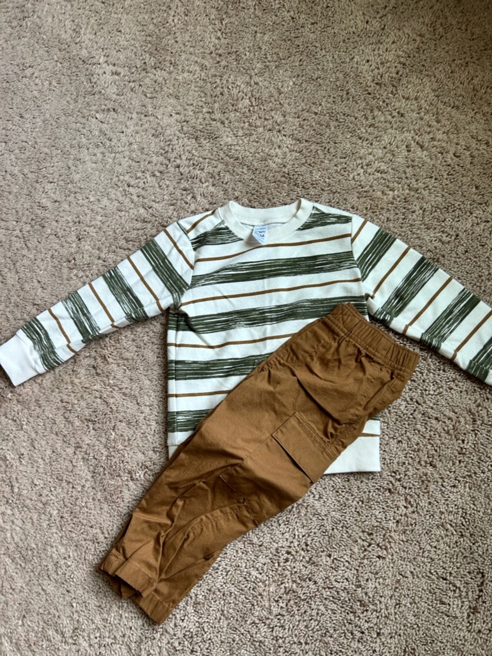 Carter's Cream & Olive Striped Long-Sleeve Top with Brown Cargo Pants